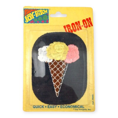 Ice Cream Cone Joy-Patch Iron On Embroidered Applique, 3x4 in. NOS Vintage
