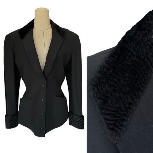 Rare Thierry Mugler Vintage 90s Black Jacket Blazer Faux Fur