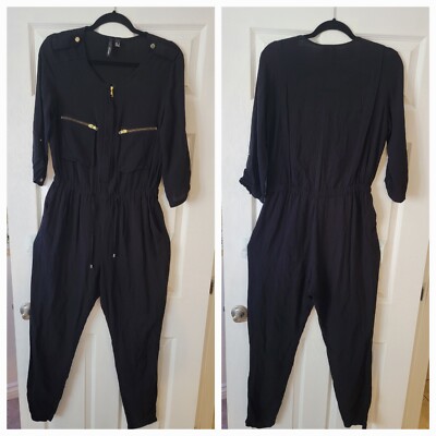 Mango Jumpsuit Womens Sz 6 Utility Casual Zip Up Long Sleeves Drawstring Black