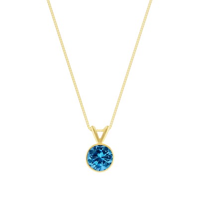 Pre-owned Shine Brite With A Diamond 1 Ct Round Blue Created Diamond Real 14k Yellow Gold Bezel Pendant 18" Necklace