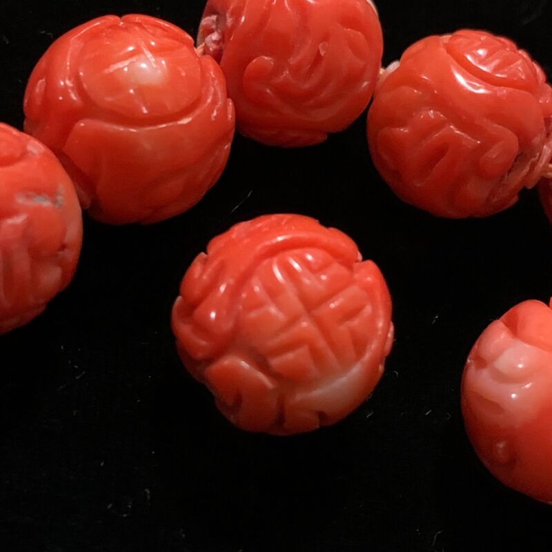ONE Vintage Carved Chinese Bead  Natural Coral Double Shou Round Detailed 15mm 