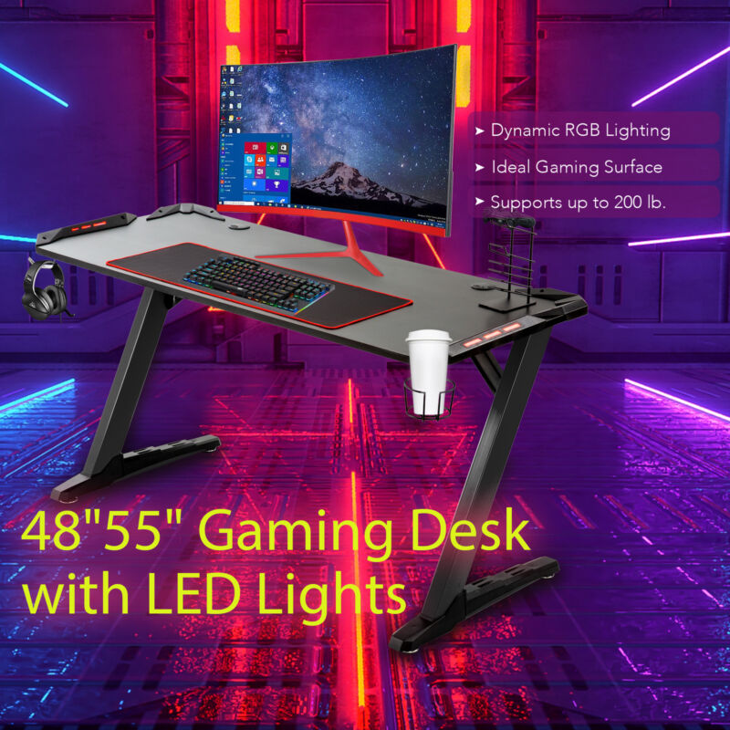 Gaming Table Z Shape w 6-Color LED Lights & Large Mouse Pad 
