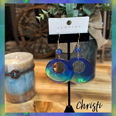 Round Blue Color Changing (Ifidescent) Earrings Hand Crafted Resin Brand New 