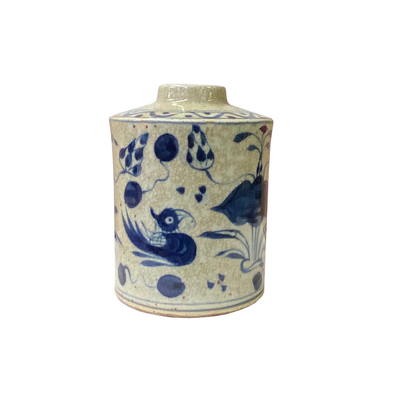 Chinese Distressed Beige Tan Porcelain Blue Birds Graphic Vase ws2842S Chinese Distressed Beige Tan Porcelain Blue Birds Graphic Vase ws2842S