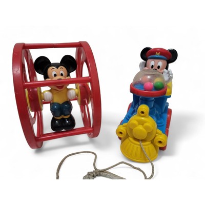 Vtg Mickey Mouse Pull Toy Train Poppin Balls & Rolling Wheel Rattle Walt Disney