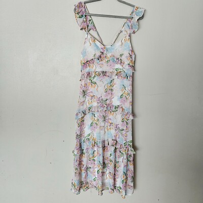 o.p.t  Ingrid Midi Dress Womens Size Medium Floral Ruffle Adjustable Straps