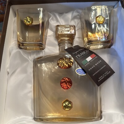 Franco Vetrerie e Cristallerie 3 Piece Decanter And Glasses Set Amber Italy New