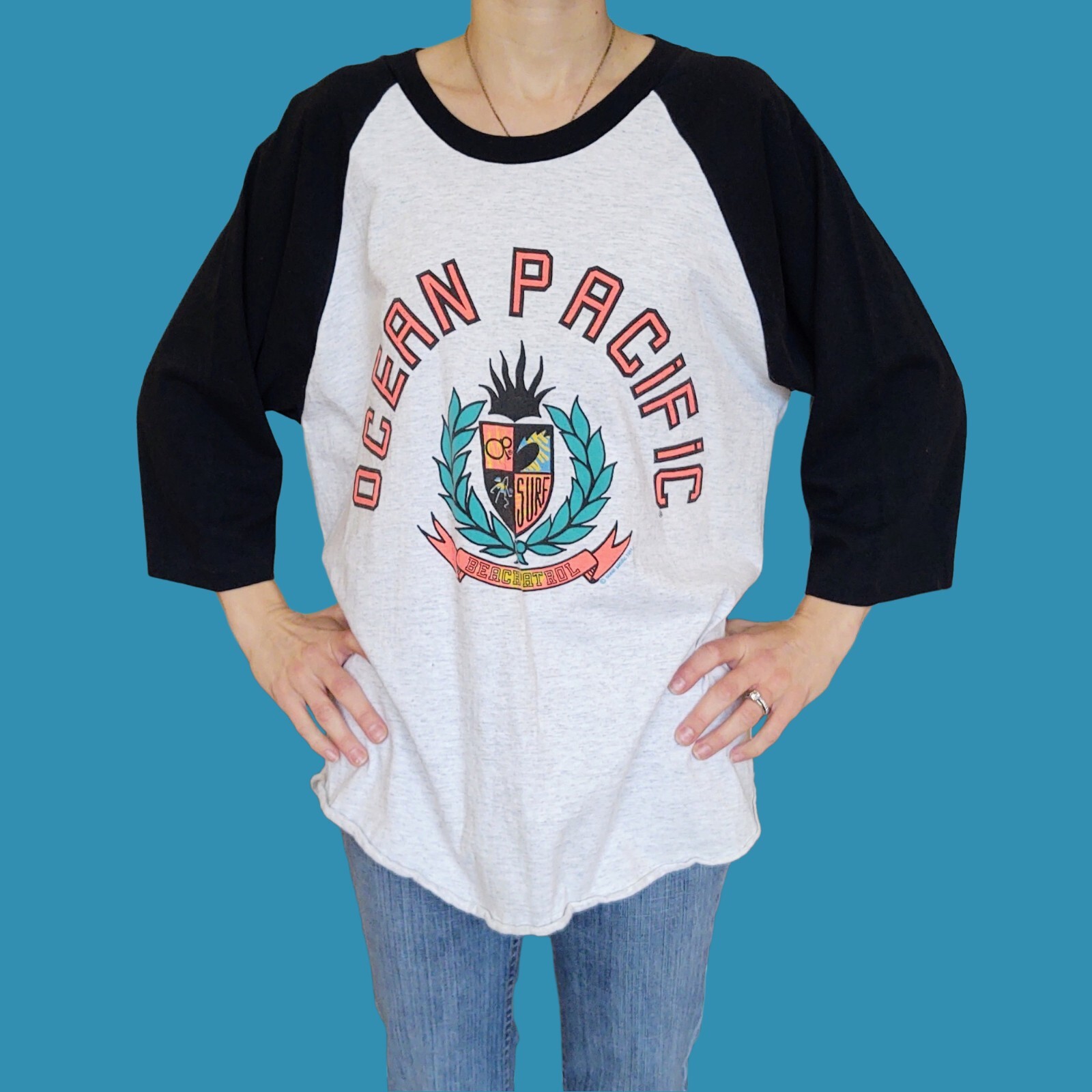 Authentic Vintage Ocean Pacific Raglan T-shirt, 1991 Signed Authentic Vintage Ocean Pacific Raglan T-shirt, 1991 Signed