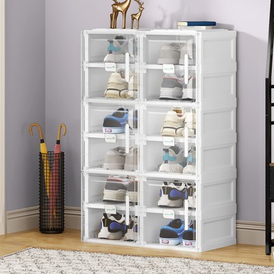 TAUS 12pcs Foldable Shoe Storage Box Plastic Transparent Sneaker Organizer Case