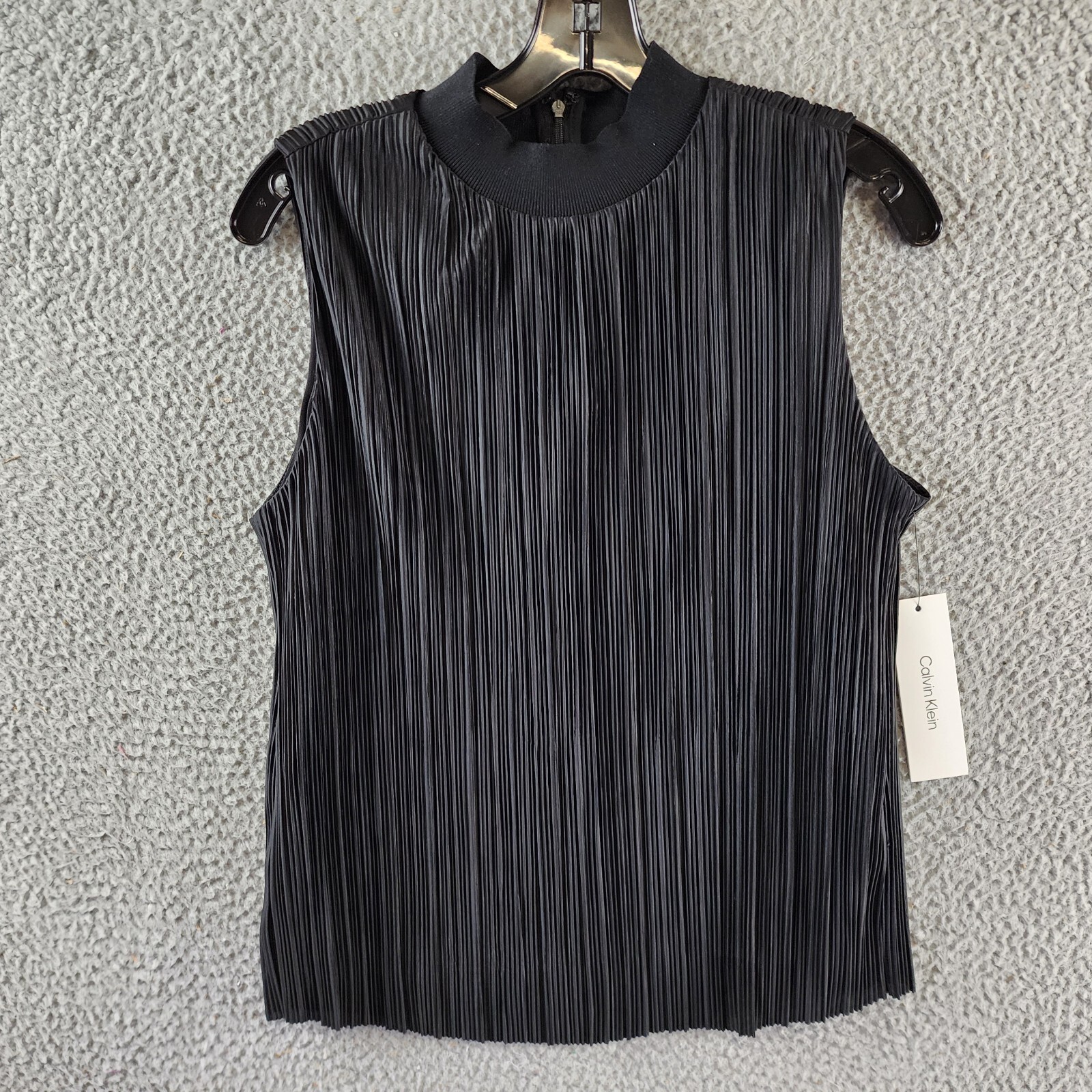 Calvin Klein Plisse Mock-Neck Sleeveless Top Women's S Black Back Zip Closure - Picture 2 of 14