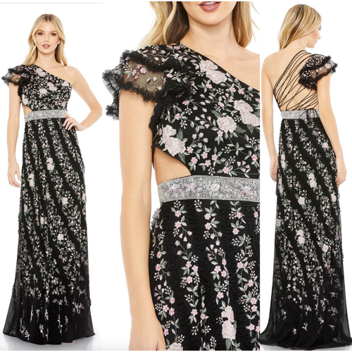 Mac Duggal Embroidered Ruffled One Shoulder Lace Up Gown