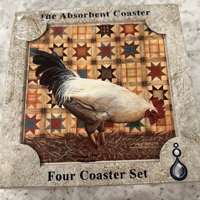 Stone Art Absorbent Stone Coasters Patchwork Rooster Set Of 4 in Box Never Used