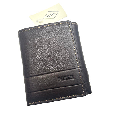 NWT FOSSIL Lufkin Trifold BROWN Leather Mens Wallet NEW SML1395201