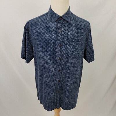 Nat Nast Men's Geometric Silk Shirt Blue Gray Button Up Camp Large