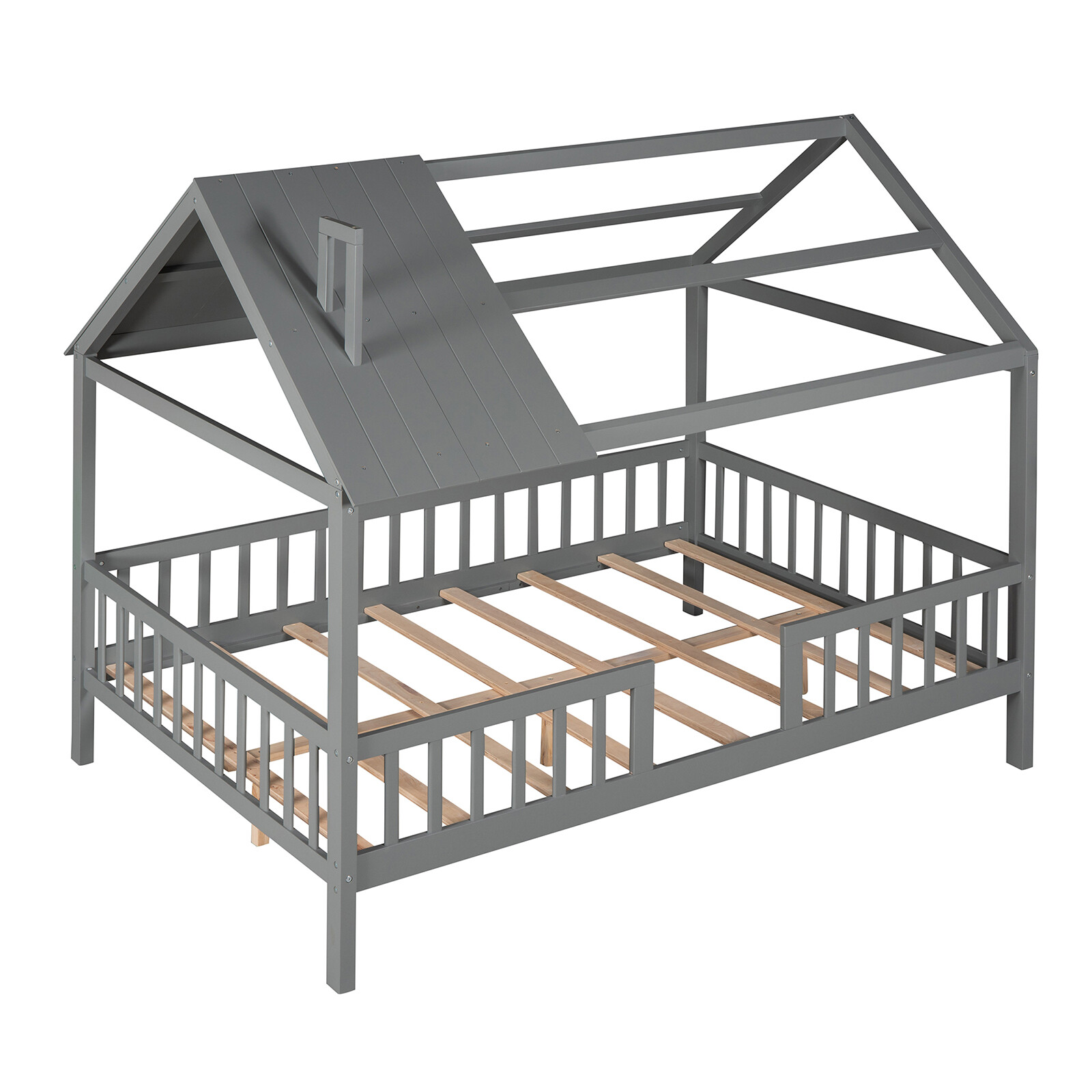 Gray Full Size House Bed Wood Frame with Roof For Kids Teens Girls Boys Bedroom