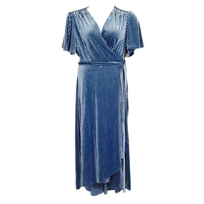 NWT Simplee Dusty Blue Ribbed Velvet Flutter Sleeve Maxi Wrap Dress Size 2XL