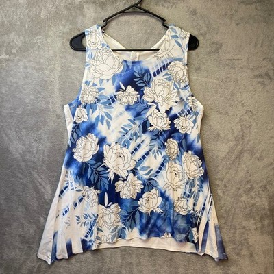 Brittany Black Floral Tie Dye Tank Top Blue White Sleeveless Tunic Medium