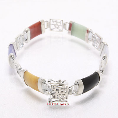 Solid Sterling Silver .925 Set Six Segment Multi-Color Jade Link Bracelet- TPJ