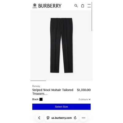 Burberry Mens Black Wool Mohair Trousers with Satin Stripe NWT Size 36w