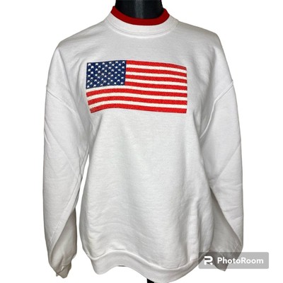 American Flag Vintage Sweatshirt White Pullover USA Patriotic Y2K Size Medium