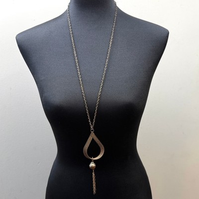 Tassel Boho Jewelry Long Teardrop Pendant Necklace Bronze Tone Beaded 21 in L