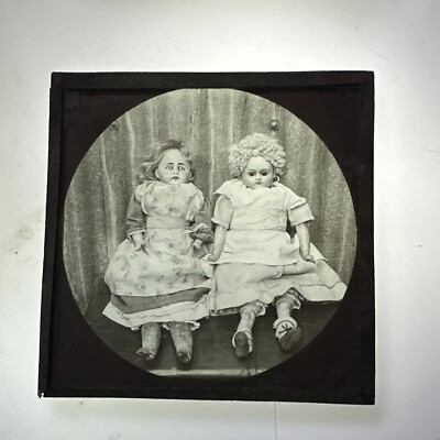 Antique Magic Lantern Slide 2 Creepy Female Dolls Sitting Down Staring