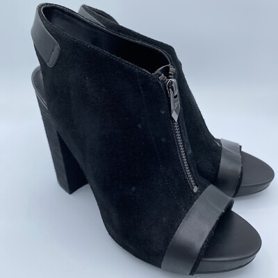 Black Leather Chunky High Heels 10M FERGALICIOUS By Fergie Open Toe Zipper - NEW