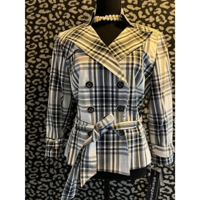 NWT Sharagano Black/white double breasted Jacket, Padded Shoulders Tie Belt Sz14