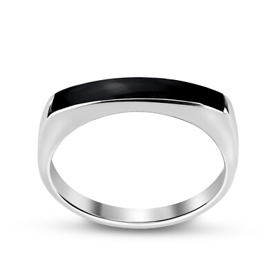 Rectangular Bar Black Onyx Stone Inlay Sterling Silver Ring-7