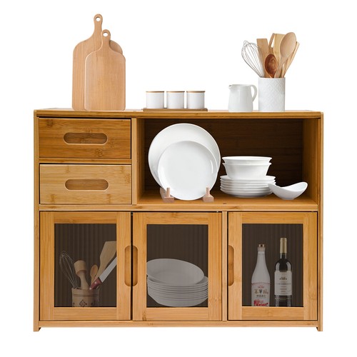 Bamboo Kitchen Countertop Cabinet Pantry Sideboard W/ Clear Striped Glass Doors 