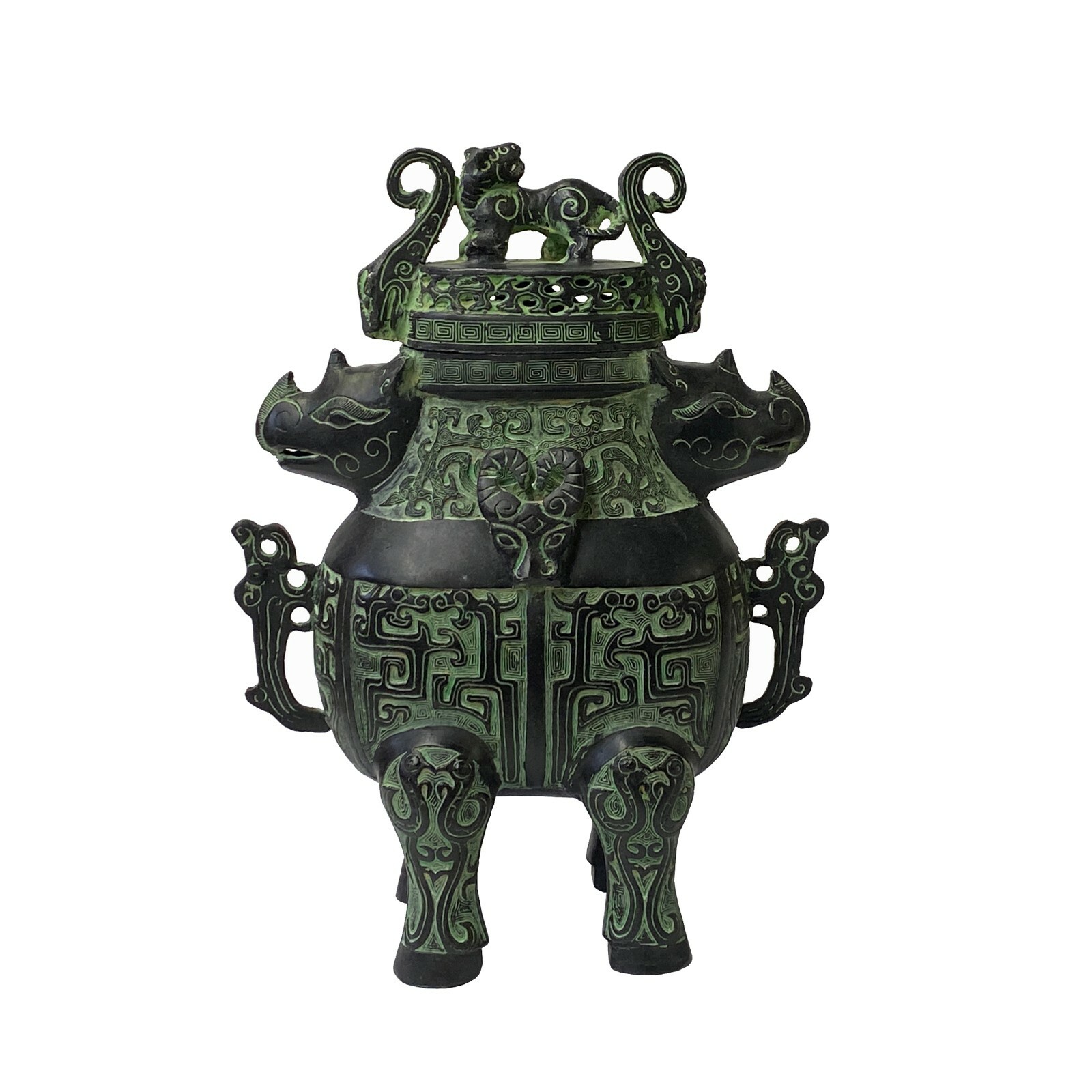Chinese Green Black Ancient Rhino Head Accent Ding Display Vessel ws1447S Chinese Green Black Ancient Rhino Head Accent Ding Display Vessel ws1447S