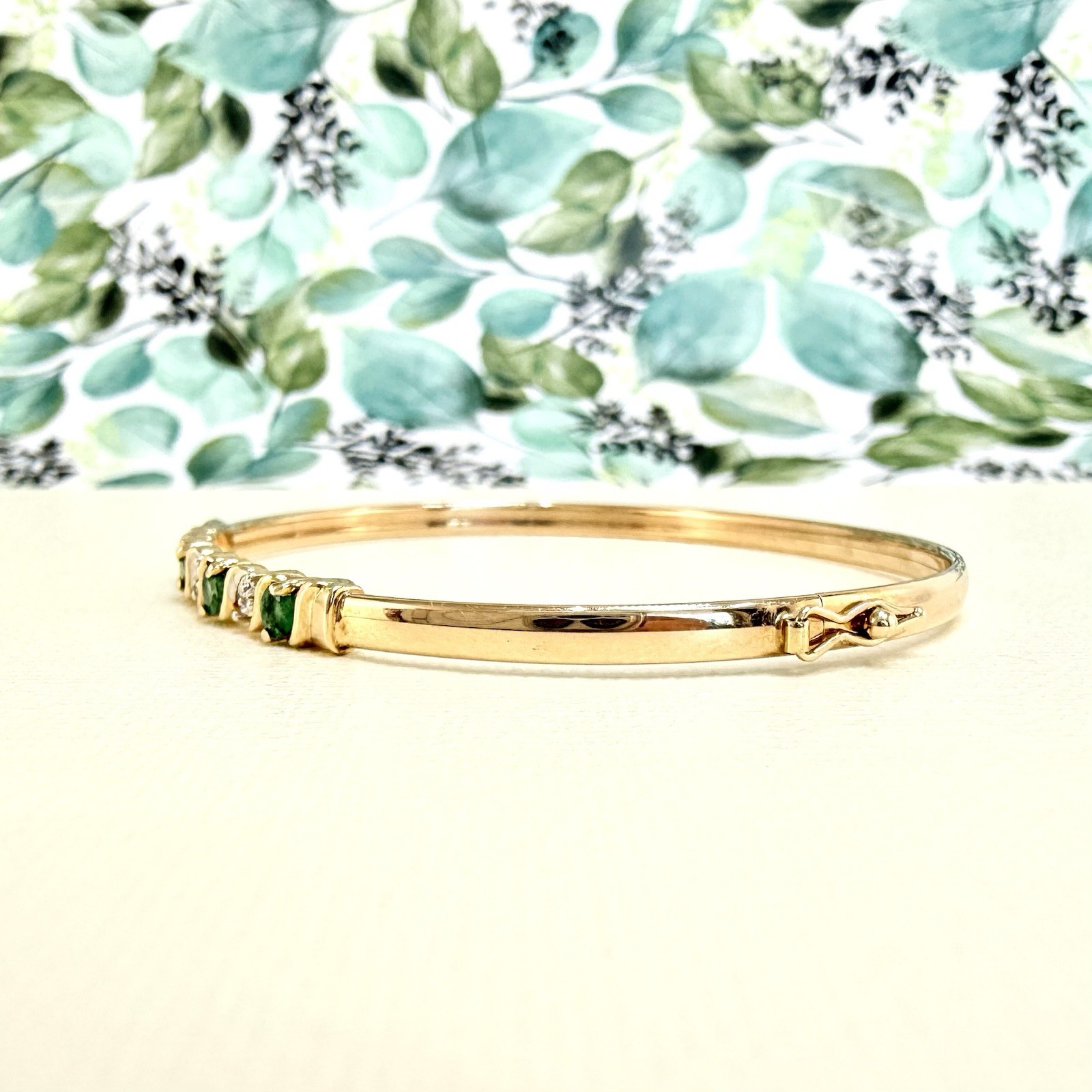 10k Yellow Gold Genuine Emerald & Diamond Bangle Bracelet, Preowned - Picture 7 of 9