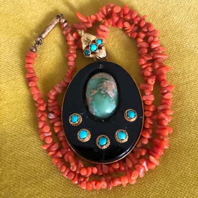 Unique Victorian Jet & Turquoise Mourning Locket on coral necklace