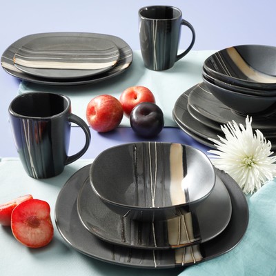 16-Piece Dinnerware Set Home Kitchen Dining Stoneware Reactive Glaze Finish Gray