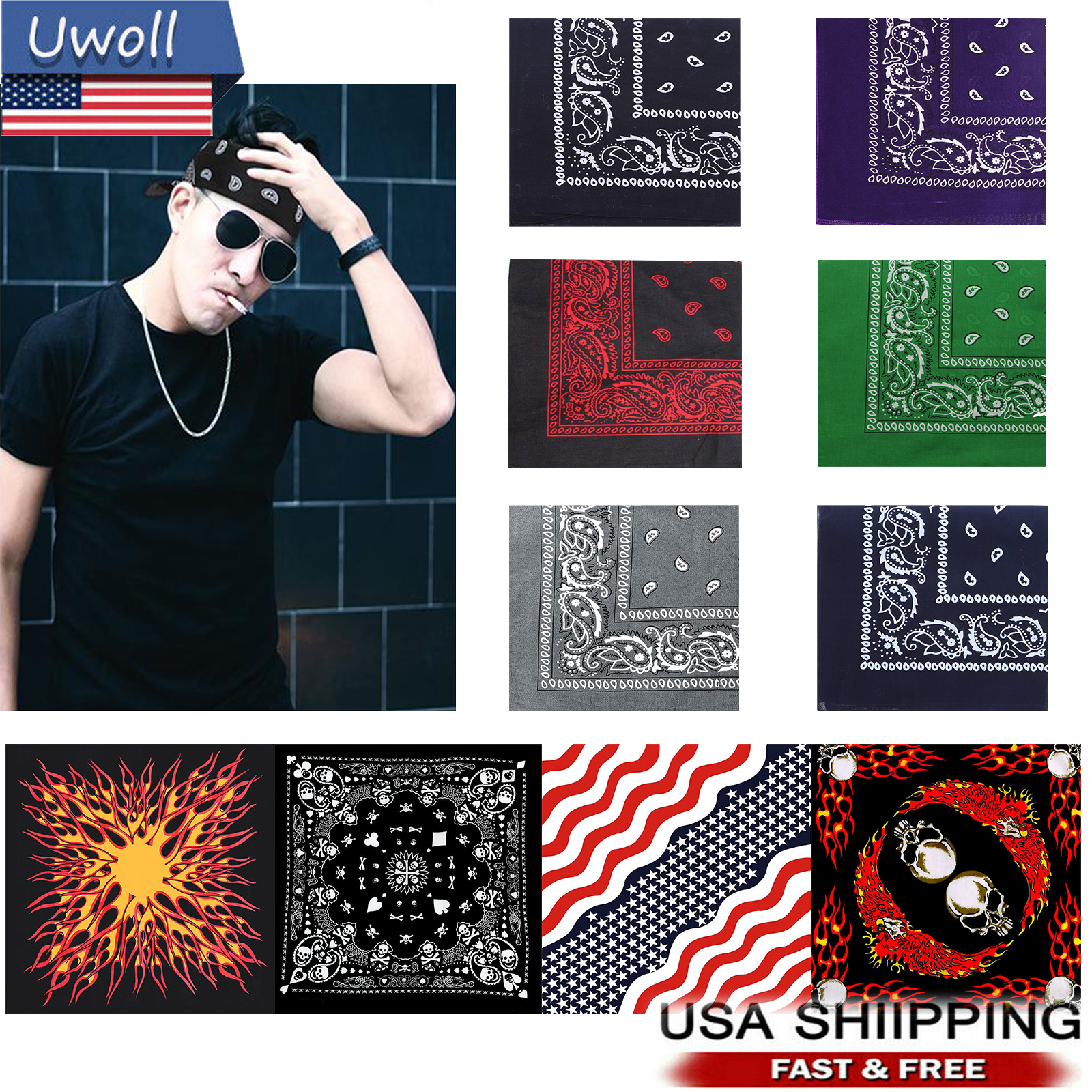 Bandana 100% Cotton Paisley Print Scarf Head Wrap Neck Headband for Men & Women