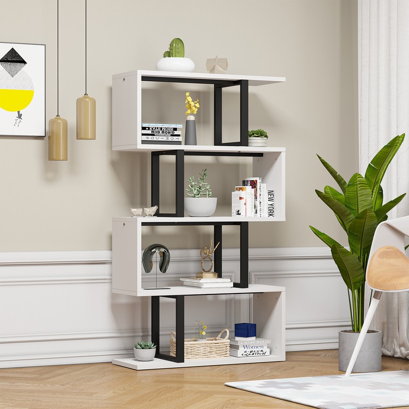 5-Tier Bookshelf S-Shaped Z-Shelf Wooden Open Display Bookcase Storage Organizer