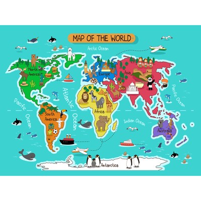 World Map With Landmarks And Animals Large Wall Art Print Canvas Premium Poster