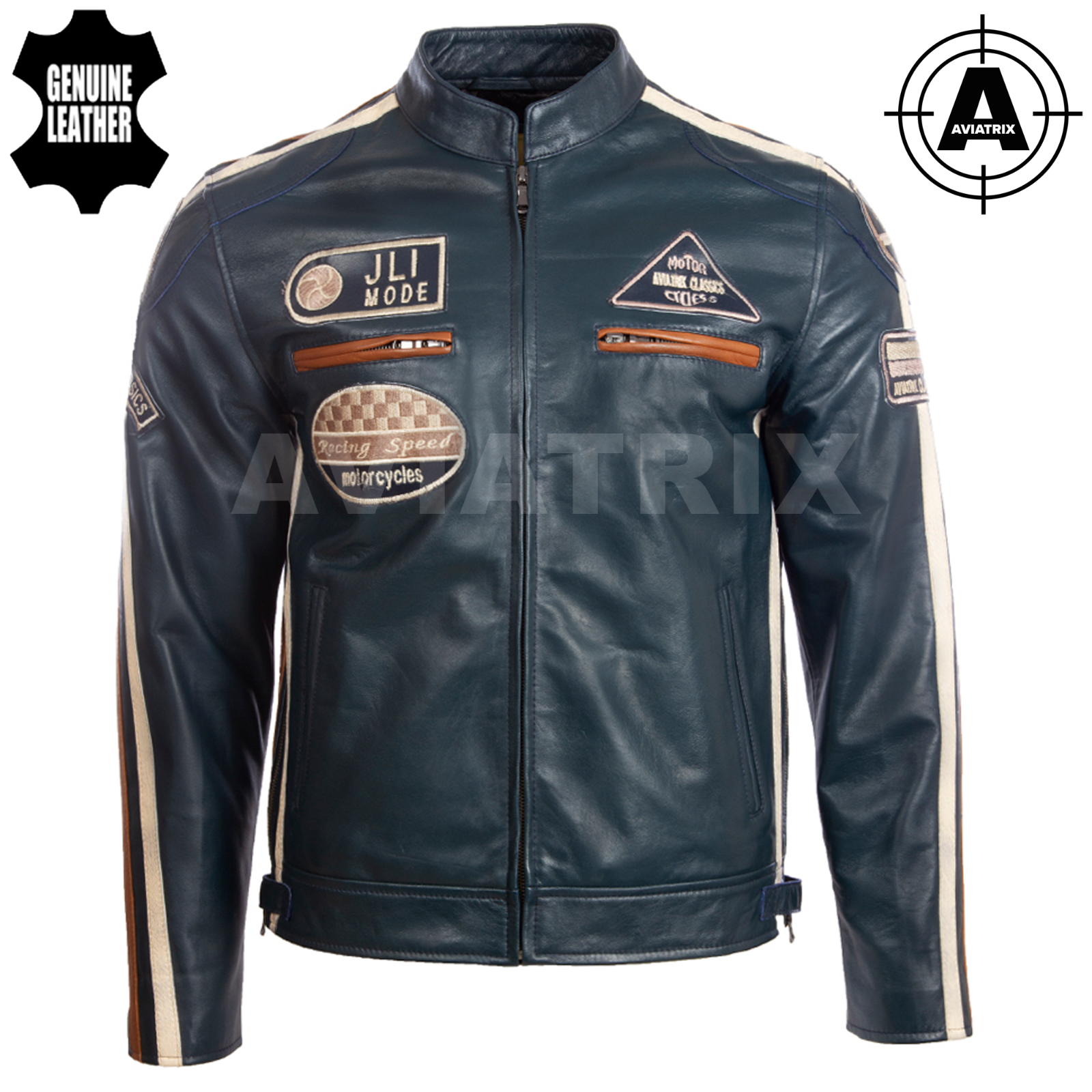 Aviatrix Men's Soft Real Leather Band Collar Patch Fashion