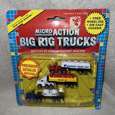 Vntg 1989 Micro Action Big Rig Trucks Funrise-NASA, SHELL & SUNRISE DAIRY NEW