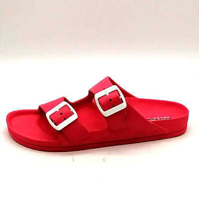 Mia Women Double Strap Slide Sandals Hot Pink Molded Footbed White Buckles 8