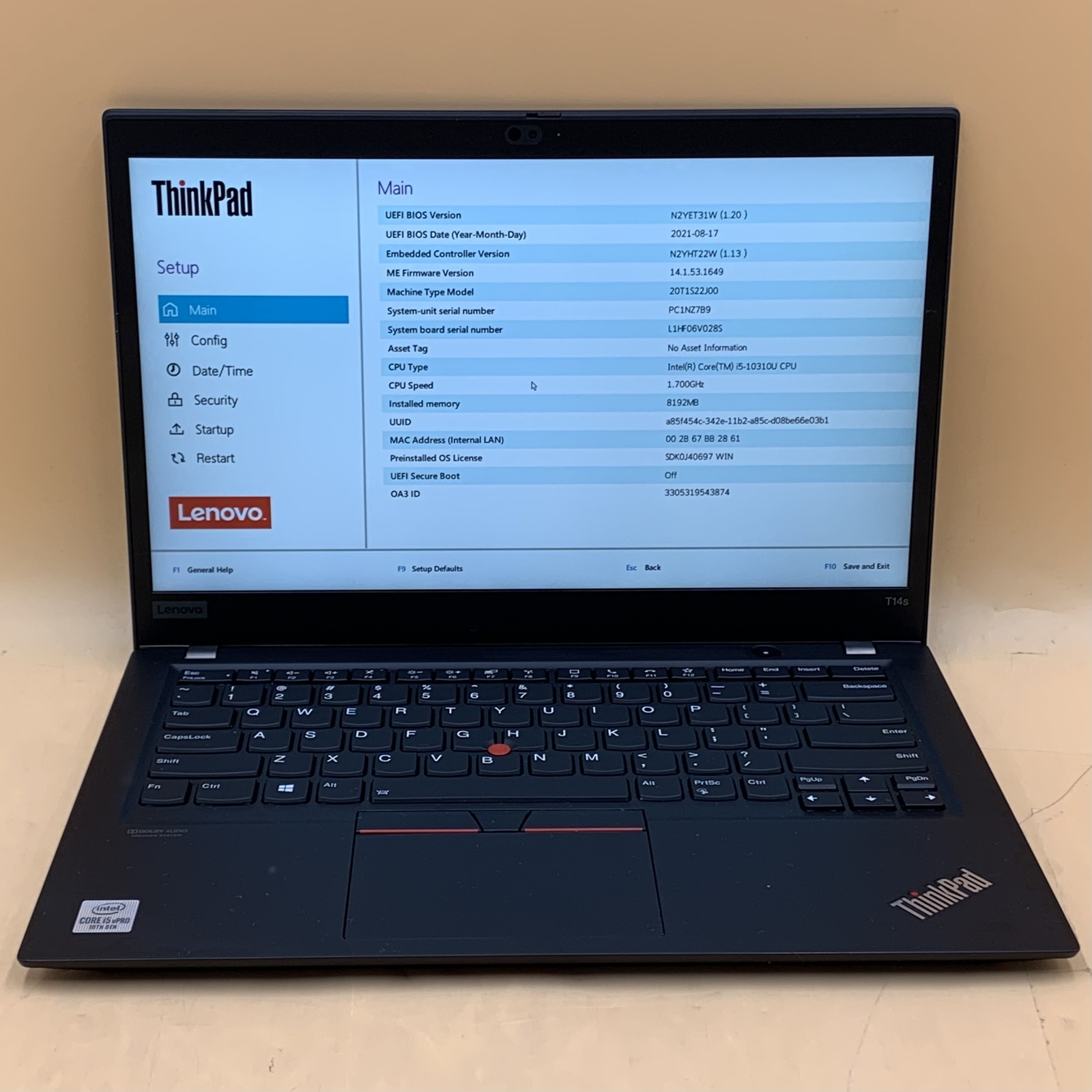 Lenovo ThinkPad T14s Gen 1 20T1-S22J00 i5-10310U 1.7GHz 8GB RAM 256GB SSD - Picture 1 of 7