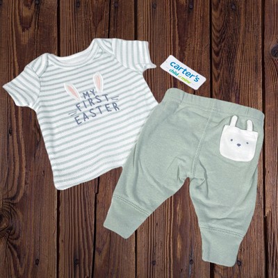 Carters Babys First Easter Top Pants Newborn Bunny Rabbit Green White Stripes