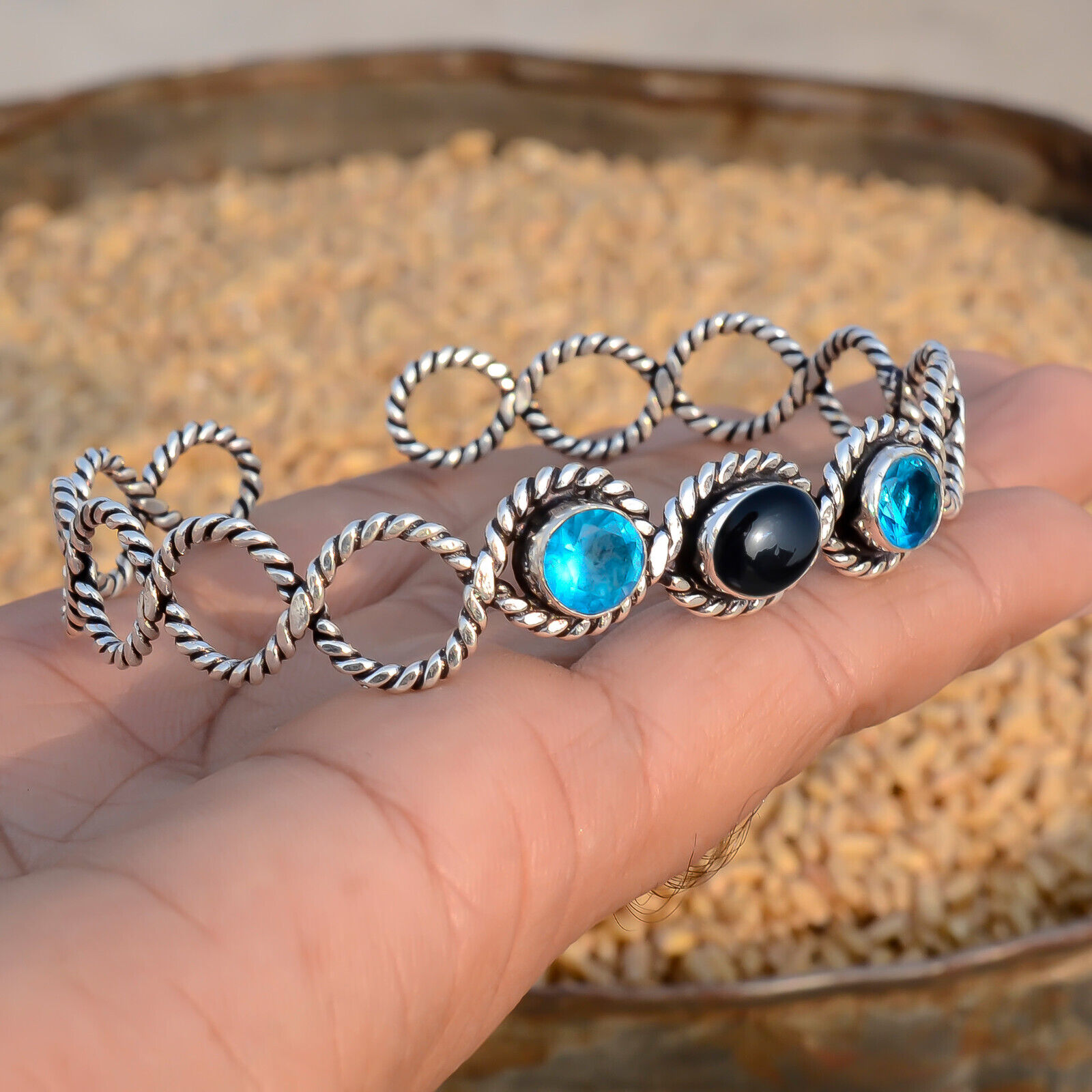 Bangle Black Onyx & Blue Topaz Gemstone 925 Sterling Silver Bangle Black Onyx & Blue Topaz Gemstone 925 Sterling Silver