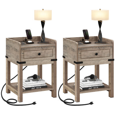 Nightstand with Charging Station & Drawer Sofa End Table Bedroom Living Room