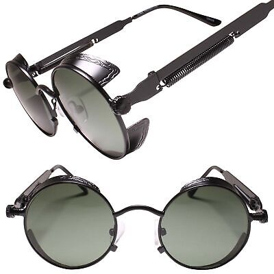 Black Steampunk Sunglasses w/ Side Shield Mysterious Edgy Fashion Round Goggles