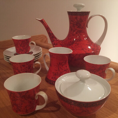 Block Bidasoa Flamenco Black on Red 13 pc VTG Demitasse Coffee Set for 4 ~ Spain