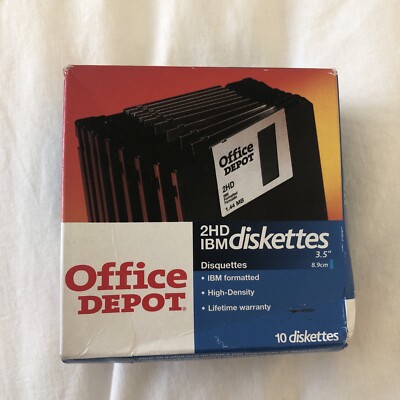Office Depot Unopened Box of 10 Floppy Disks Diskettes 2HD 3.5'' IBM Formatted