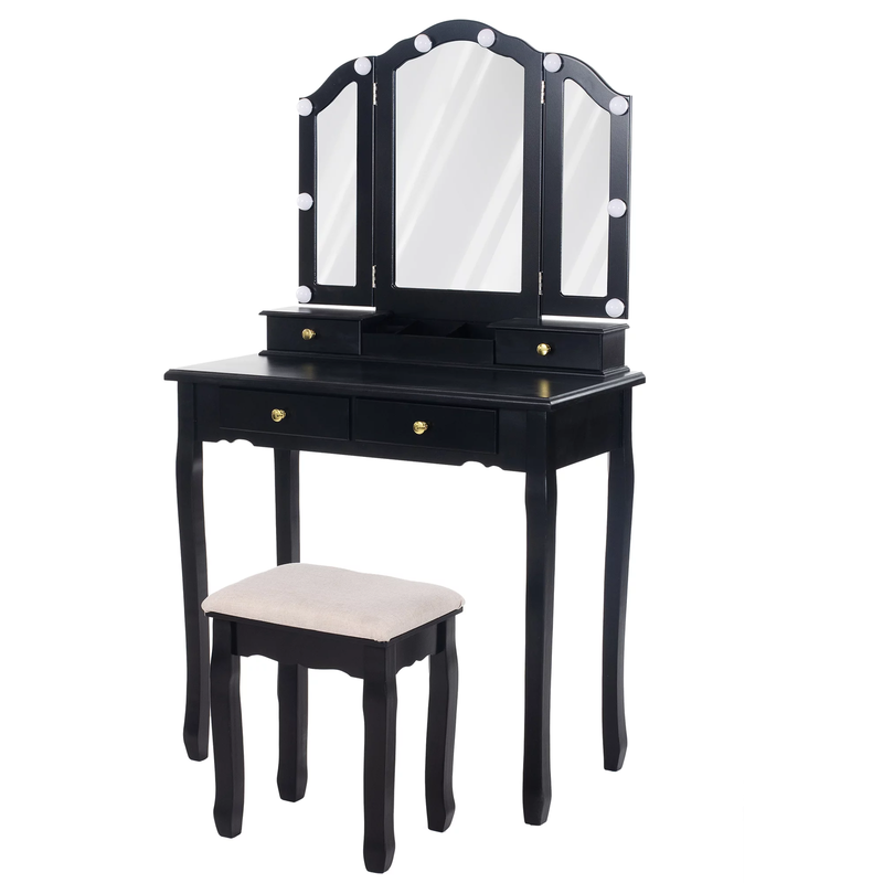 Tri-Fold Makeup Vanity with Mirror, Lights and Padded Vanity Stool, Black