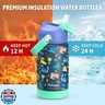 rockpapa Kids Insulated Water Bottle with Straw, BPA-Free, 18/8 Stainless Steel, Leak Proof, 14OZ Metal Cup Water Bottle for School Boys Girls (Blue Dinosaur)