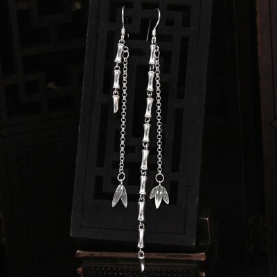 Solid 925 Sterling Silver Women Lucky Bamboo Leaf Chain Tassel Dangle Earrings 